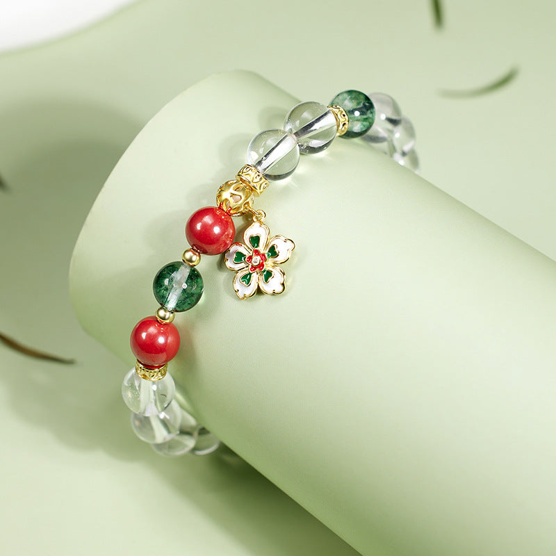 Lucky Peach Blossom Cinnabar Bracelet – Natural Green Phantom & White Crystal Bead Bracelet