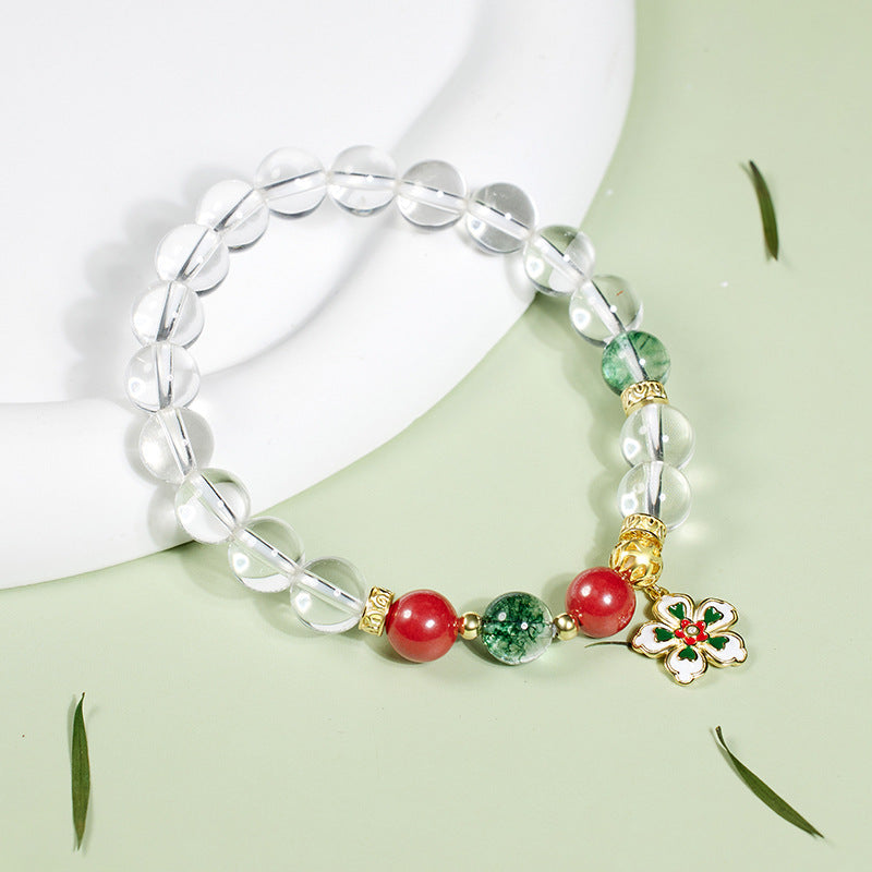 Lucky Peach Blossom Cinnabar Bracelet – Natural Green Phantom & White Crystal Bead Bracelet