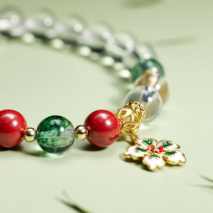 Lucky Peach Blossom Cinnabar Bracelet – Natural Green Phantom & White Crystal Bead Bracelet