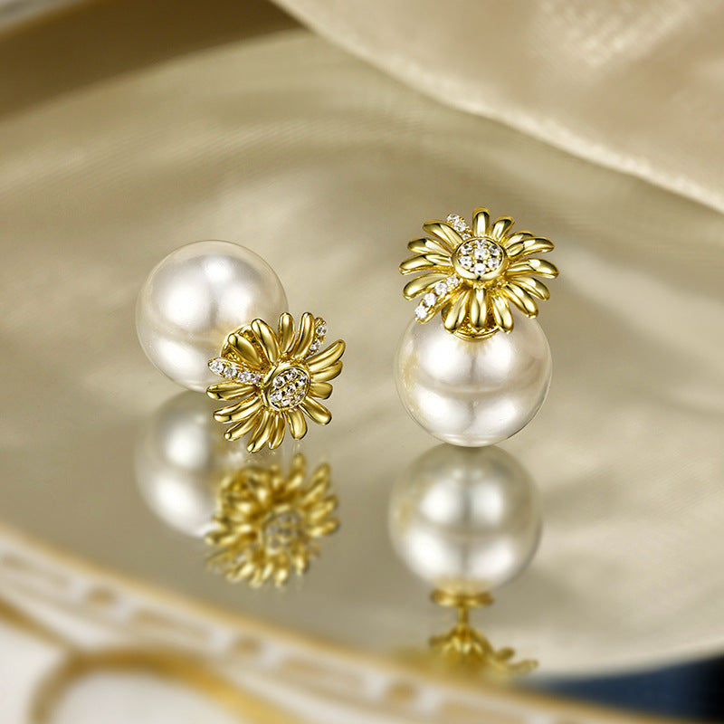 Round Shell Pearl Earrings & Daisy Studs – 925 Sterling Silver Versatile Jewelry