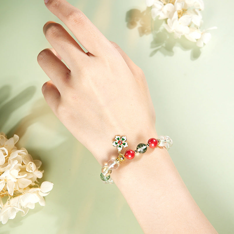 Lucky Peach Blossom Cinnabar Bracelet – Natural Green Phantom & White Crystal Bead Bracelet