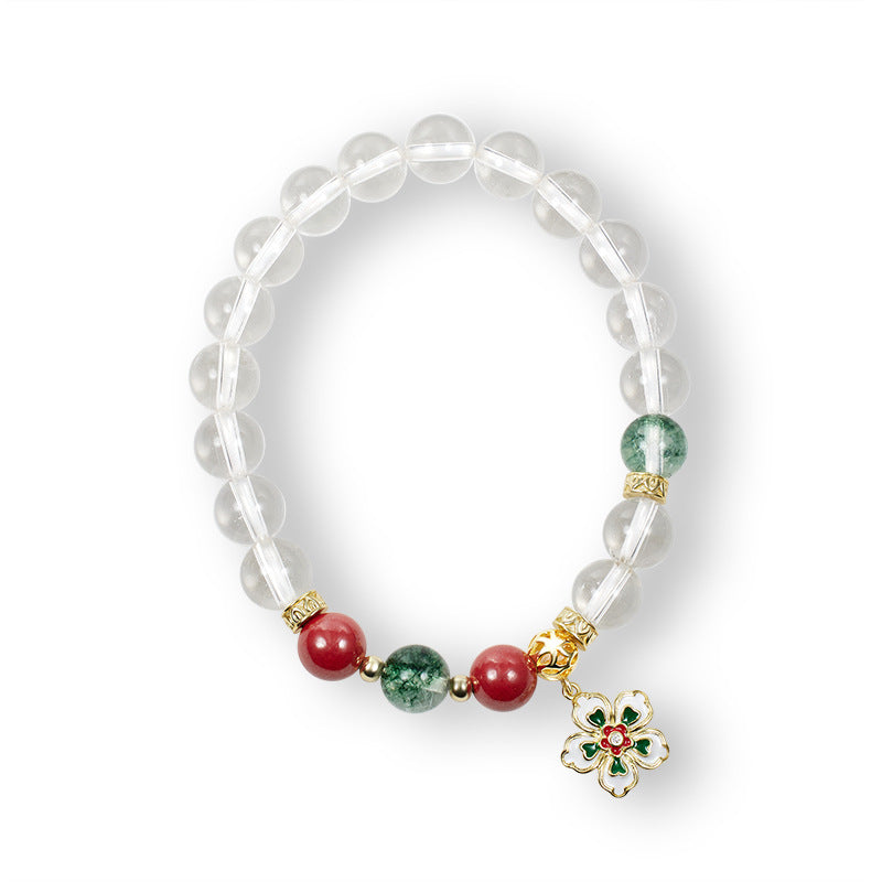 Lucky Peach Blossom Cinnabar Bracelet – Natural Green Phantom & White Crystal Bead Bracelet